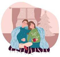 Vector New Year's cozy illustration with a couple in a blanket with cups of cocoa under the tree. Home sweet Christmas atmosphere