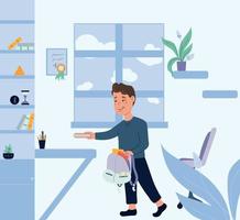 Schoolboy packs a backpack, morning pickup for school. A boy with a backpack in his room. Vector Back to School Illustration