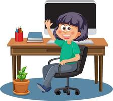 A girl studying online with computer vector