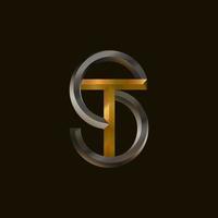 TS monogram logo. Realistic 3d Ts minimalist initials in gold and silver, icon for any company or business. Vector illustration on black background