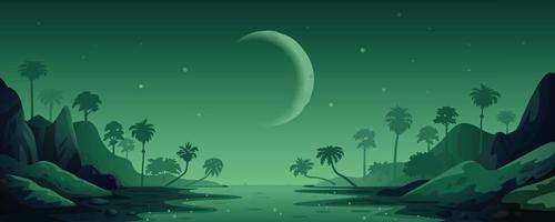 jungle vector landscape. Night Panoramic landscape with rain forest and river. Vector illustration in flat cartoon style