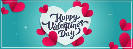 Love day vector horizontal banner or cover. Happy Valentine s day greeting with hearts in paper cut style. Vector illustration