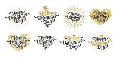 Love day texts set. Golden happy Valentine s day quotes and lettering with hearts and cupids in vintage style on white background. Vector illustration