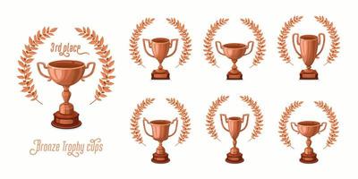 Bronze trophy cups with laurel wreaths. Trophy award cups set with different shapes - 3rd place winner trophies. Cartoon style vector illustration.