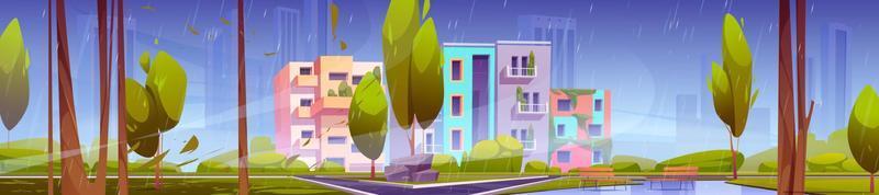 Green city district with modern houses at rain vector