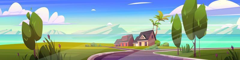 Suburban houses at summer nature landscape, vector