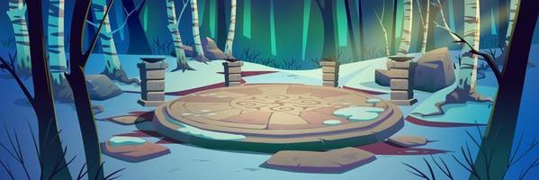 Ancient celtic stone platform in winter forest vector