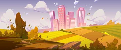 escena de otoño con campos y horizonte de la ciudad vector