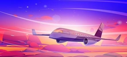 Plane fly in morning sky with pink fluffy clouds vector