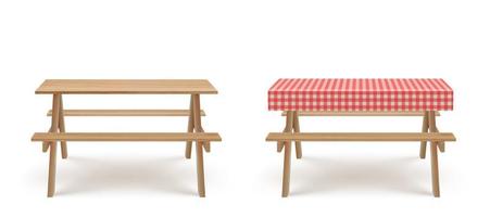 Wooden picnic table with benches tablecloth vector
