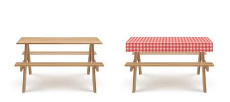 mesa de picnic de madera con bancos mantel vector