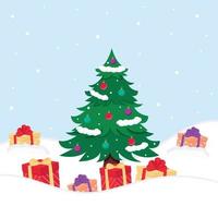 árbol de navidad con regalos en la nieve. ilustración vectorial vector