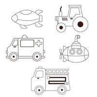 Set of children's toys cars in the style of a doodle, one line vector