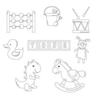 Collection of children's toys outline. Drum, doll, toys, dinosaur, pony, cubes vector