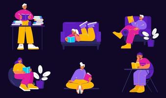 People reading books at home, club or library vector