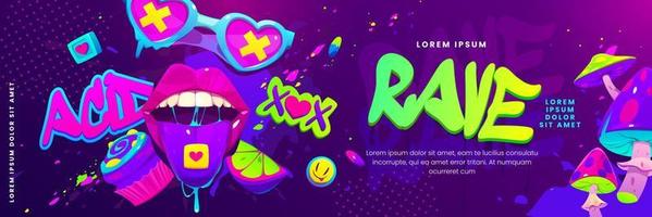Psychedelic rave trip party banner template vector