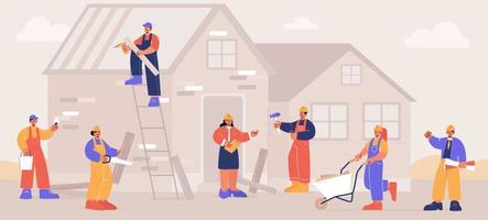 la tripulación de los trabajadores de renovación del hogar construye o repara la casa vector