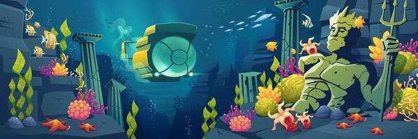 Underwater sea landscape with submarine, fish vector