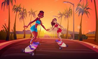 Happy girls riding on skateboard on road, sunset