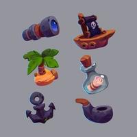 Pirate game icon, cute cartoon vector set