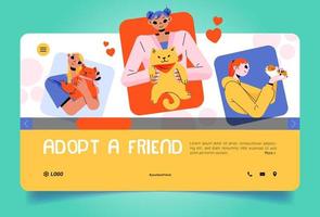 adopte la página de inicio de un amigo, personas abrazando mascotas vector