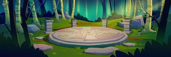 Ancient celtic stone platform in green forest vector