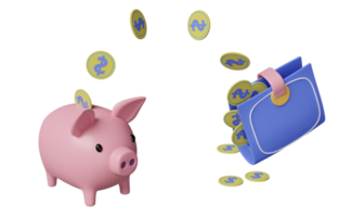 portefeuille et tirelire avec des pièces de monnaie économiser de l'argent concept isolé. illustration 3d ou rendu 3d png