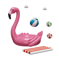 3d Inflatable flamingo with beach ball and rubber raft isolated. concept 3d render illustration png