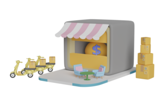 Façade de magasin 3d avec table basse, boîte de marchandises, équipe de scooter, sac d'argent isolé. entreprise de franchise ou concept de livraison rapide de colis, illustration de rendu 3d png