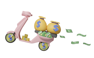 cartoon pink scooter transport bag money, banknote, coin isolated. Quick credit approval or loan approval concept, 3d illustration or 3d render png