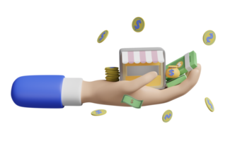 mains de dessin animé tenant devanture de magasin, pièces de monnaie, billet de banque, sac d'argent isolé. concept d'entreprise de franchise de démarrage ou d'approbation de prêt, illustration 3d ou rendu 3d png