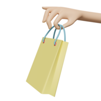 Character cartoon woman hand holding yellow shopping paper bags isolated. 3d illustration or 3d render png