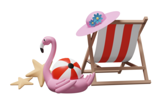 playa de verano con silla de playa, pelota, flamenco inflable, sombrero, estrella de mar, concepto de viaje de verano, ilustración 3d o presentación 3d