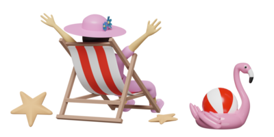 femme de dessin animé de personnage sur la plage d'été avec chaise de plage, ballon, flamant rose gonflable, chapeau, étoile de mer, concept de voyage, illustration 3d ou rendu 3d png
