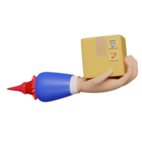 cartoon hands holding goods box isolated. Online delivery or order tracking or fast package transport concept, 3d illustration or 3d render png