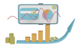 téléphone portable avec graphiques et graphiques, analyse des données financières de l'entreprise, marketing en ligne isolé. illustration 3d ou rendu 3d png