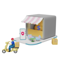 devanture de magasin avec table basse, boîte de marchandises, conducteur de scooter de personnage de dessin animé, sac d'argent isolé. entreprise de franchise ou concept de livraison rapide de colis, illustration 3d, rendu 3d png