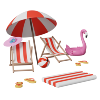 playa de verano e isla con silla de playa, sombrilla, pelota, flamenco inflable, nube, sandalias, estrellas de mar, balsa de goma aislada. concepto de ilustración 3d o renderizado 3d