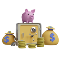 Safe box and piggy bank with money bag, coins, diamond isolated. business banking or saving money concept, 3d illustration or 3d rendering