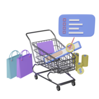 shopping cart and bar searching with shopping paper bags, graphic elements, magnifying glass, dollar coins isolated. 3d illustration or 3d render png