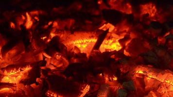 Glowing coal and fire sparks. Hot grill concept. Warm cozy burning fire. video