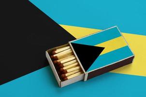 Bahamas flag  is shown in an open matchbox, which is filled with matches and lies on a large flag photo