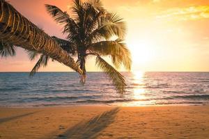 Beautiful sunset tropical beach with palm tree and blue sky for travel in holiday relax time, photo style vintage