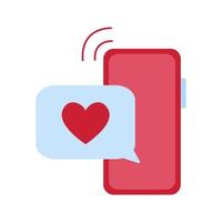 Smartphone with heart emoji in speech bubble on screen. Sending love message concept. Vector flat illustration isolated on white background.