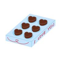 Heart shaped chocolate candies in box isolated on white background. Vector flat illustration for valentine's day