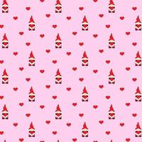 Cute gnomes in red hats and hearts on valentine's day. Seamless pattern on a pink background. Pattern for postcard, wrapping paper, textile. Vector illustration