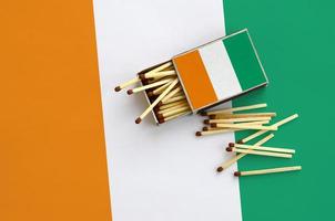 Ivory Coast flag  is shown on an open matchbox, from which several matches fall and lies on a large flag photo