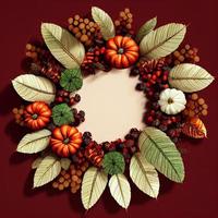 Autumn wreath, garland, frame. Berries, pumpkins, fruits, leaves. Copy space. Banner. photo