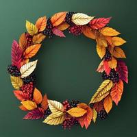 Autumn wreath, garland, frame. Berries, pumpkins, fruits, leaves. Copy space. Banner. photo