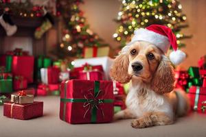 Cute cocker spaniel dog wearing Santa's hat in a Christmas room with gifts photo